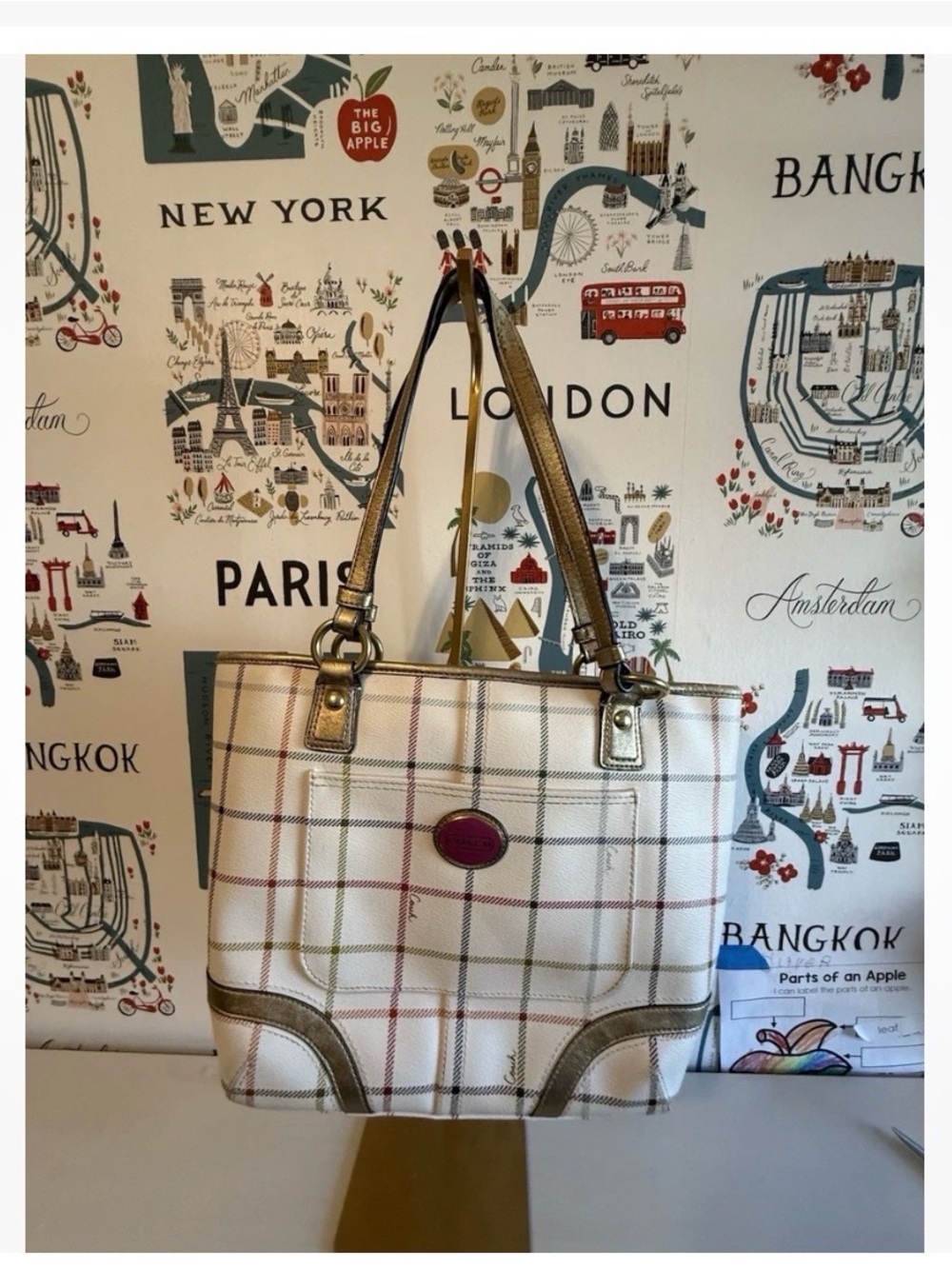 Coach Cream Tattersall Plaid Purse with Multicolor Stripe Accents and Gold Trim